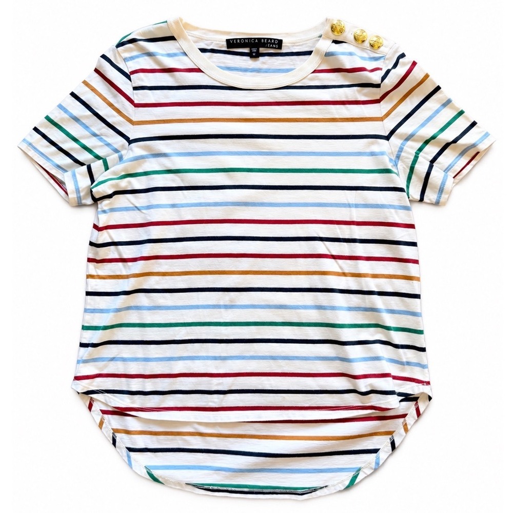 Veronica Beard Jeans Carla Striped Cotton Tee Gold Crest Button Shoulder Medium